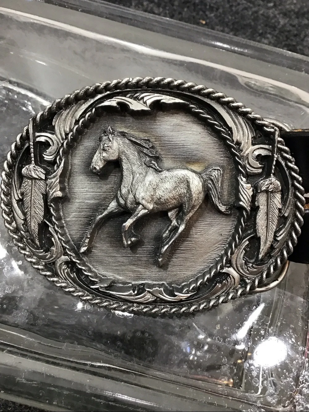 Siskiyou pewter horse buckle black leather western belt 40
